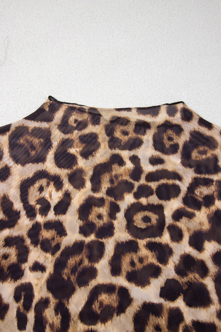 Camel Slim Fit Floral Mesh Long Sleeve Mock Neck Top
