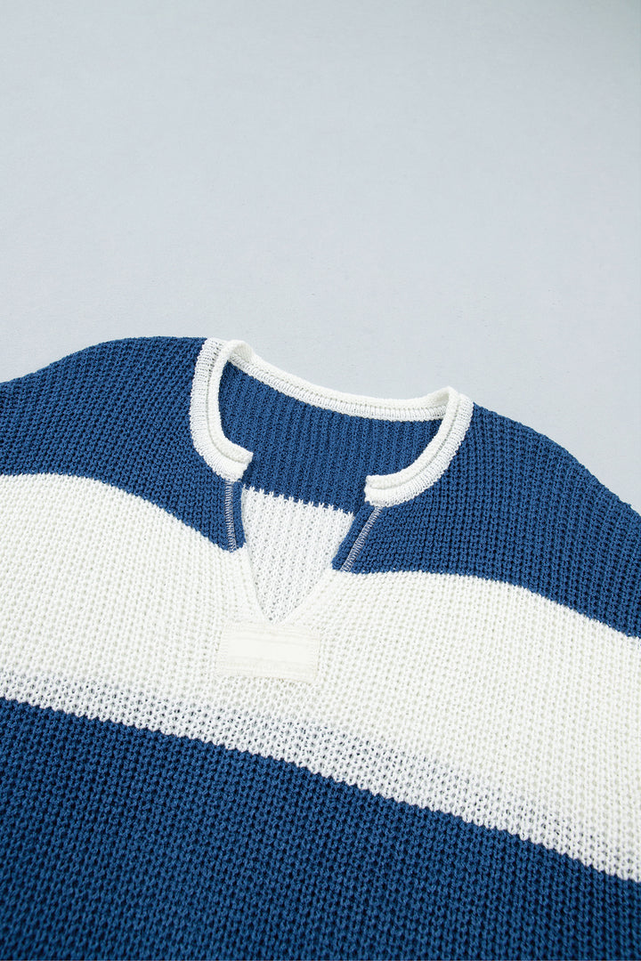 Brown Stripe Striped Colorblock Knit V Neck Short Sleeve Loose Sweater