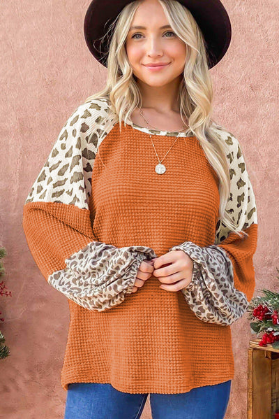 Orange Leopard Colorblock Waffle Knit Top