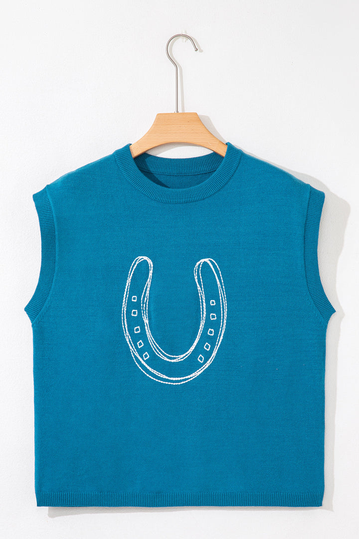 Light Blue Horse Shoe Embroidered Loose Short Sleeve Sweater