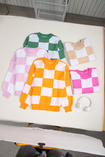 Pink Checkered Bishop Sleeve Sweater