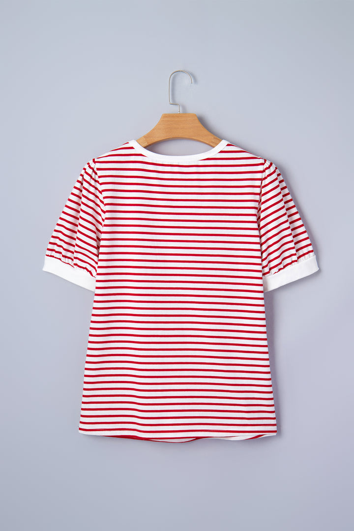 Red Stripe Contrast Trim Round Neck Short Puff Sleeve T Shirt