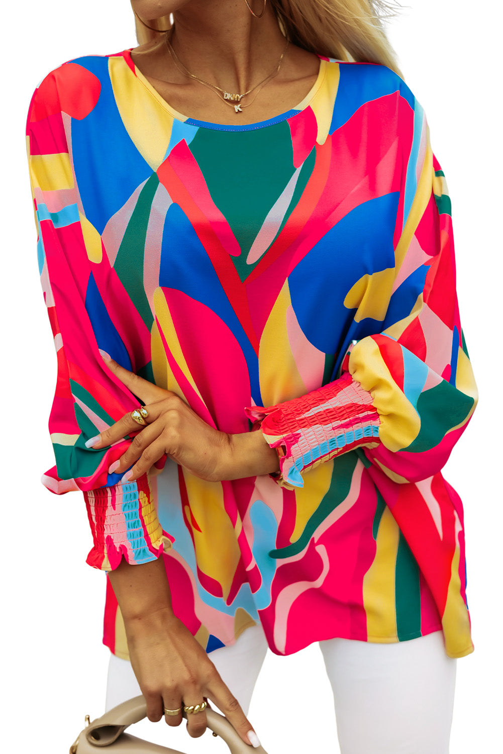 Multicolor Abstract Print Smocked Puff Sleeve Blouse