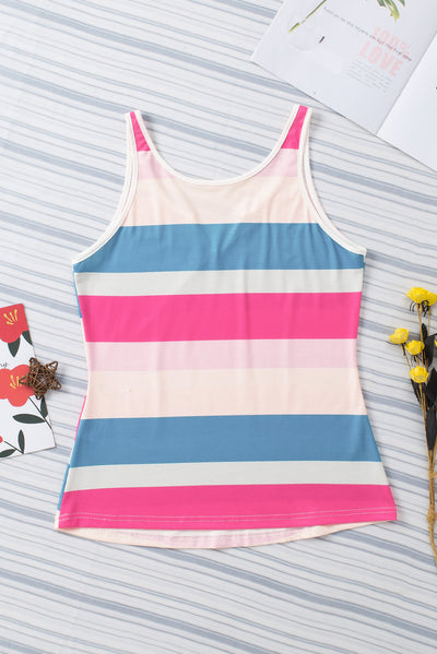 Rose Striped Color Block Notched Neck Tank Top