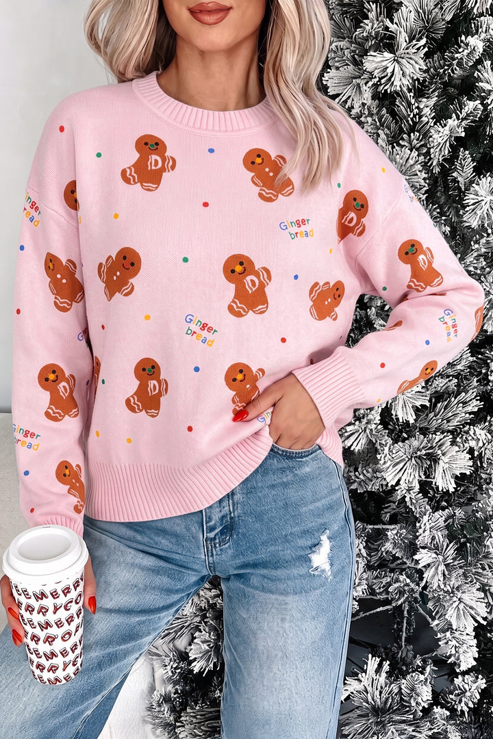 Pink Festive Gingerbread Pattern Long Sleeve Round Neck Sweater
