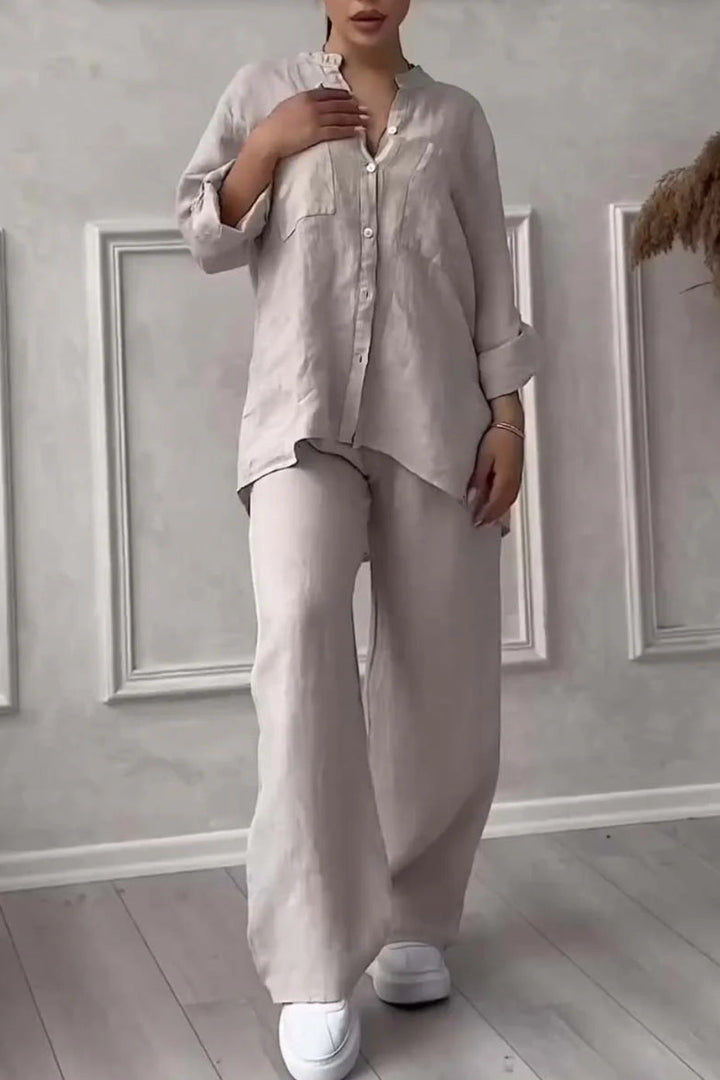 Wide-Leg Pants &amp; Lace-Up Top Two-Piece Set – Solid Color, 12 Colors S–5XL