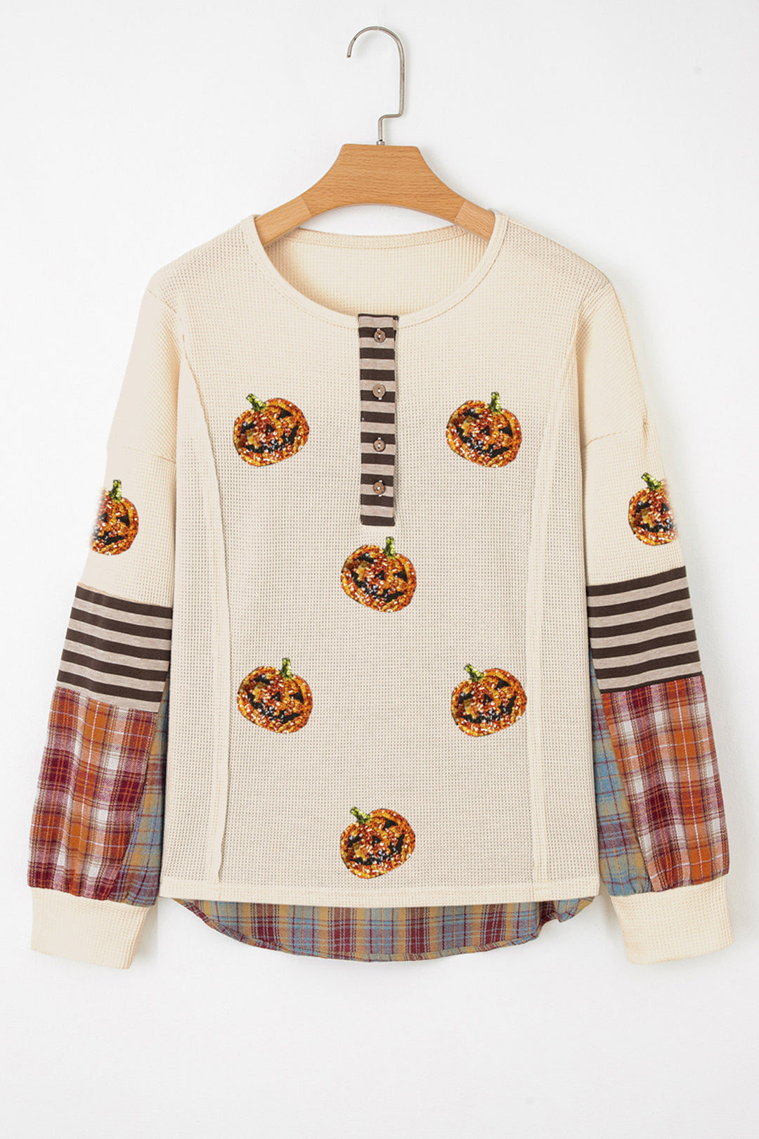 Beige Sequined Pumpkin Face Patched Henley Waffle Top