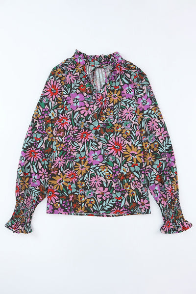 Multicolor Floral Print Ruffled Long Sleeve V-Neck Blouse