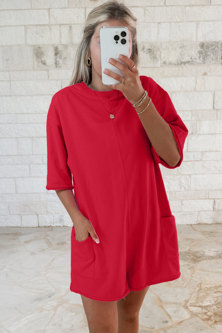 Bright Green Solid Color Raw Edge Half Sleeve Pocketed Loose Romper