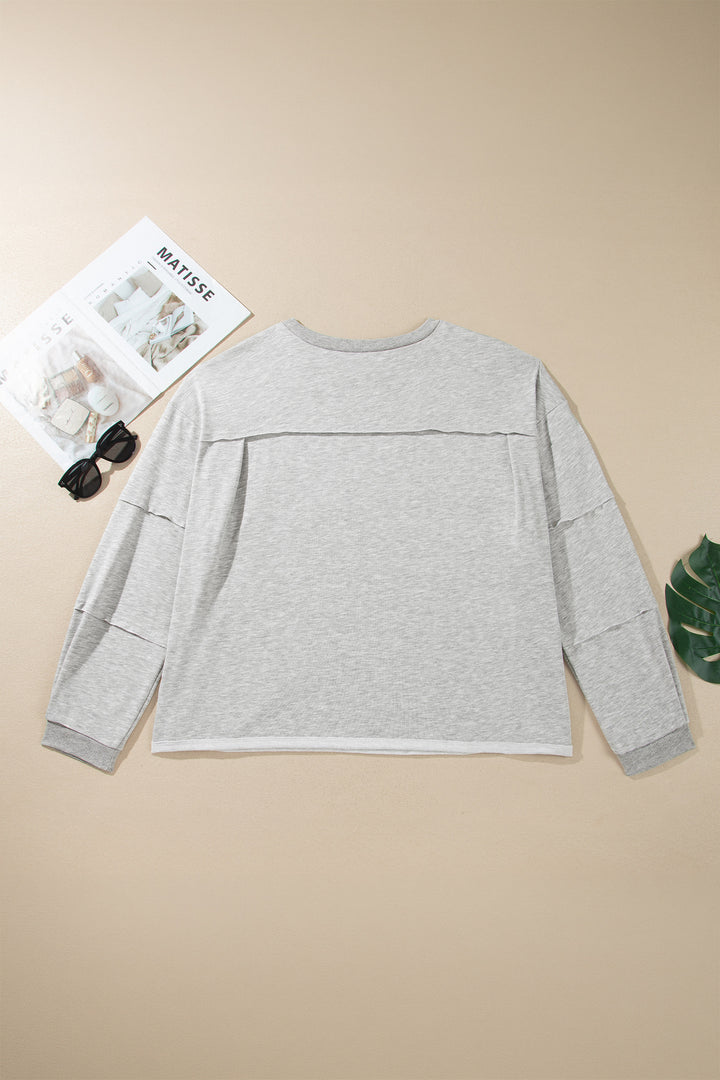 Light Grey Long Sleeve Patch Embroidery Tunic Plus Size Blouse