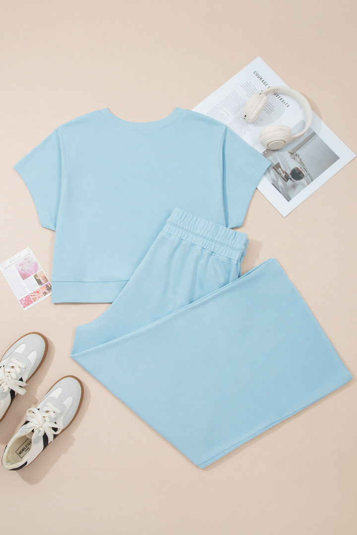 Clearly Aqua Solid Color Ribbed Trim Short Sleeve Top Drawstring Loose Pants 2pcs Outfit