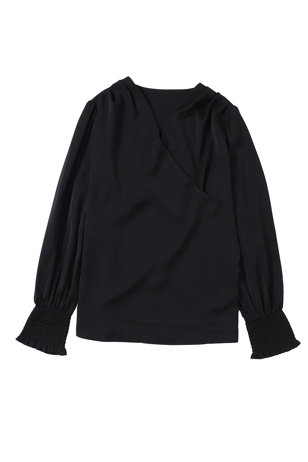 Black Solid Surplice Neck Shirred Cuffs Draped Blouse