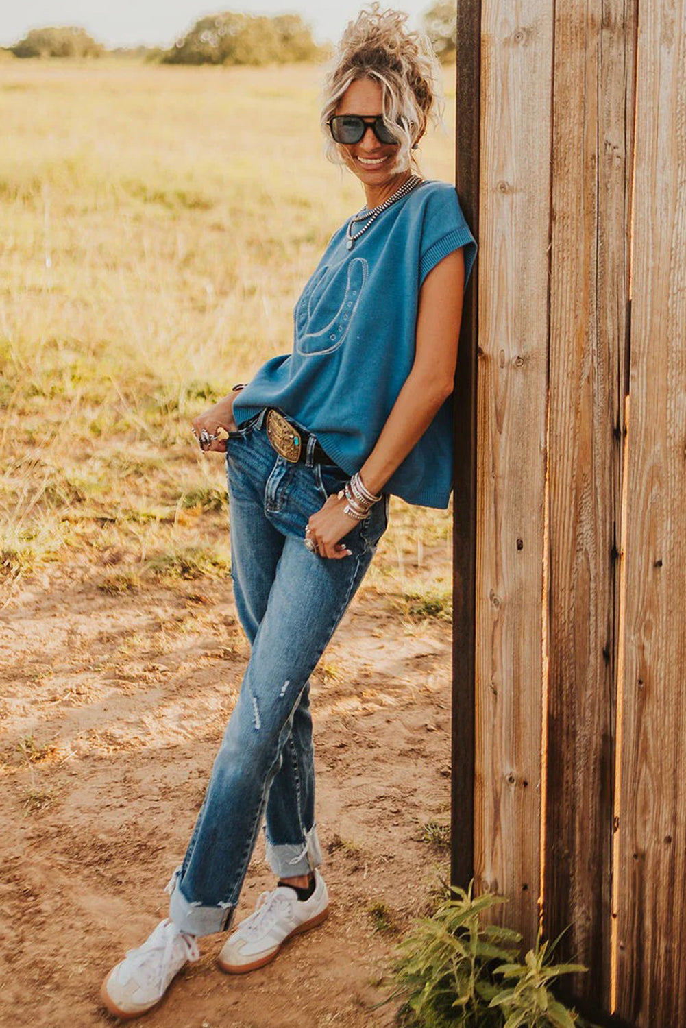 Light Blue Horse Shoe Embroidered Loose Short Sleeve Sweater