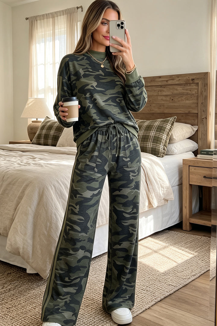 Multicolour Camouflage Patchwork Striped Detail Long Sleeve Top Casual Pants Set