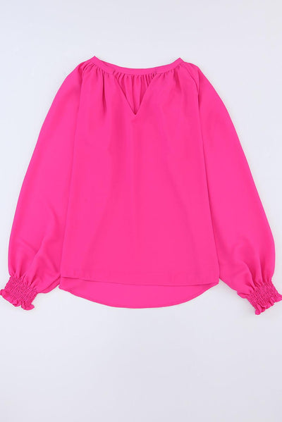 Rose Pleated V Neck Puffy Sleeve Blouse