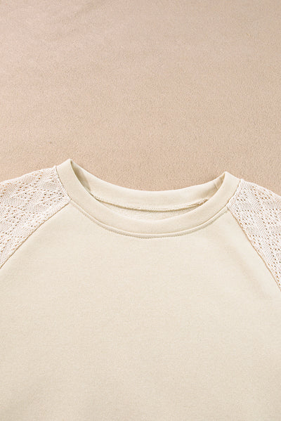 Parchment Eyelet Knit Patchwork Raglan Sleeve Pullover Top