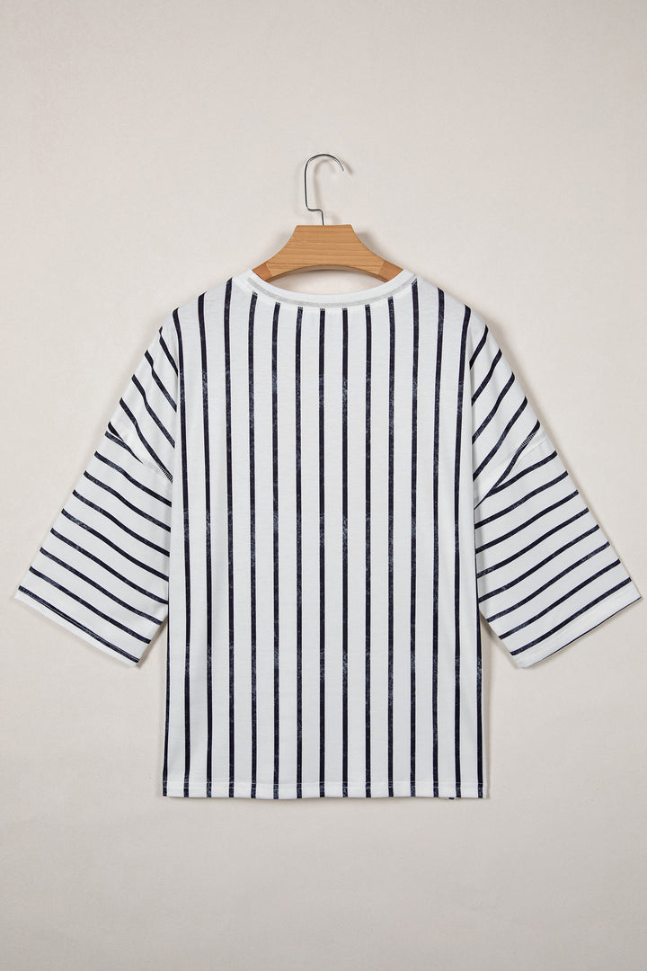 Khaki Stripe Colorblock 3/4 Sleeve Loose T Shirt