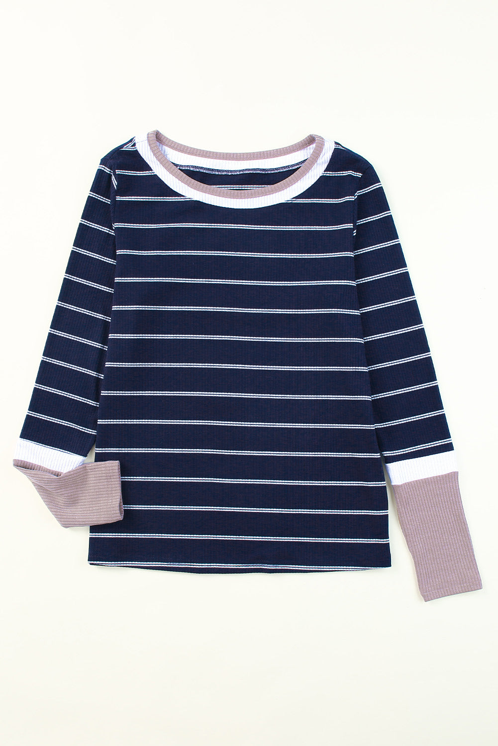 Blue Extend Color Block Cuffs Rib Knit Striped Pullover