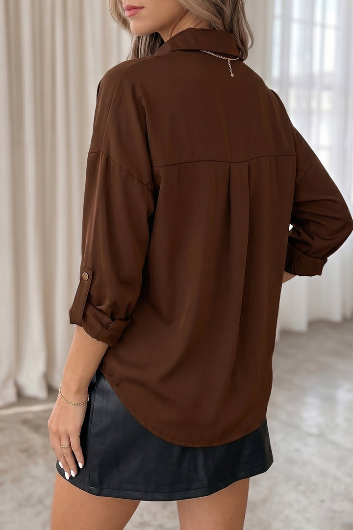 Coffee Multi Button Decoration Tab Long Sleeve Casual Shirt