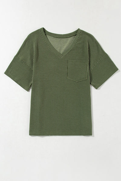 Jungle Green Corded V Neck Chest Pocket Loose T-shirt