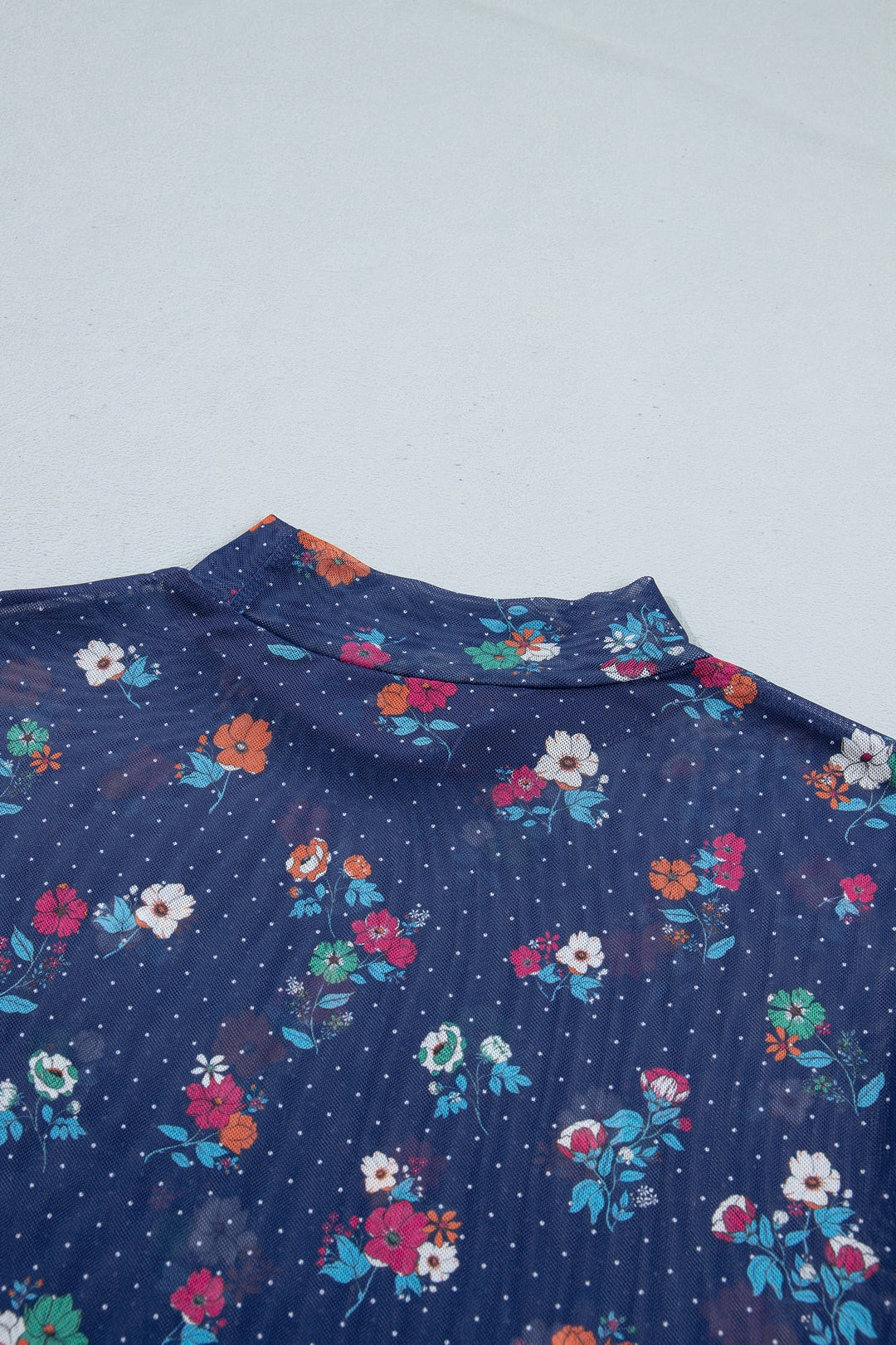 Blue Polka Dot Floral Mesh Long Sleeve High Neck Pullover Sheath Top