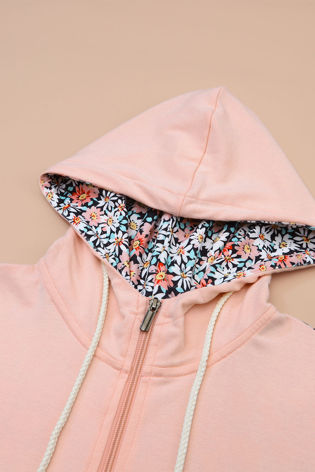 Pink Floral Patch Half Zip Kangaroo Pocket Hoodie