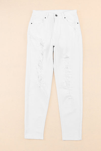 White Distressed Ripped Holes High Waist Skinny Jeans