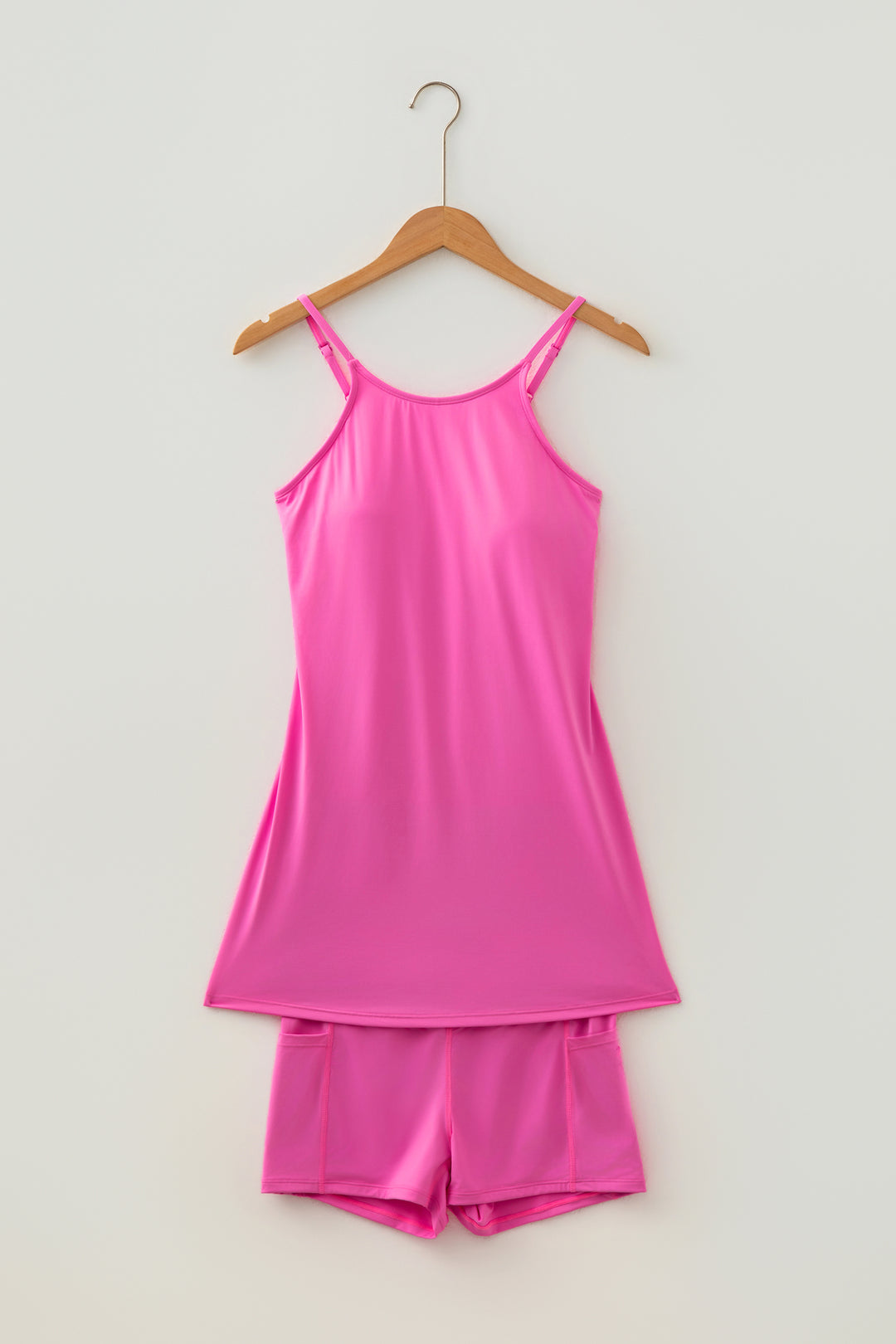 Bright Pink Solid Color Tunic Tank Dress Athletic Shorts Two Piece Set