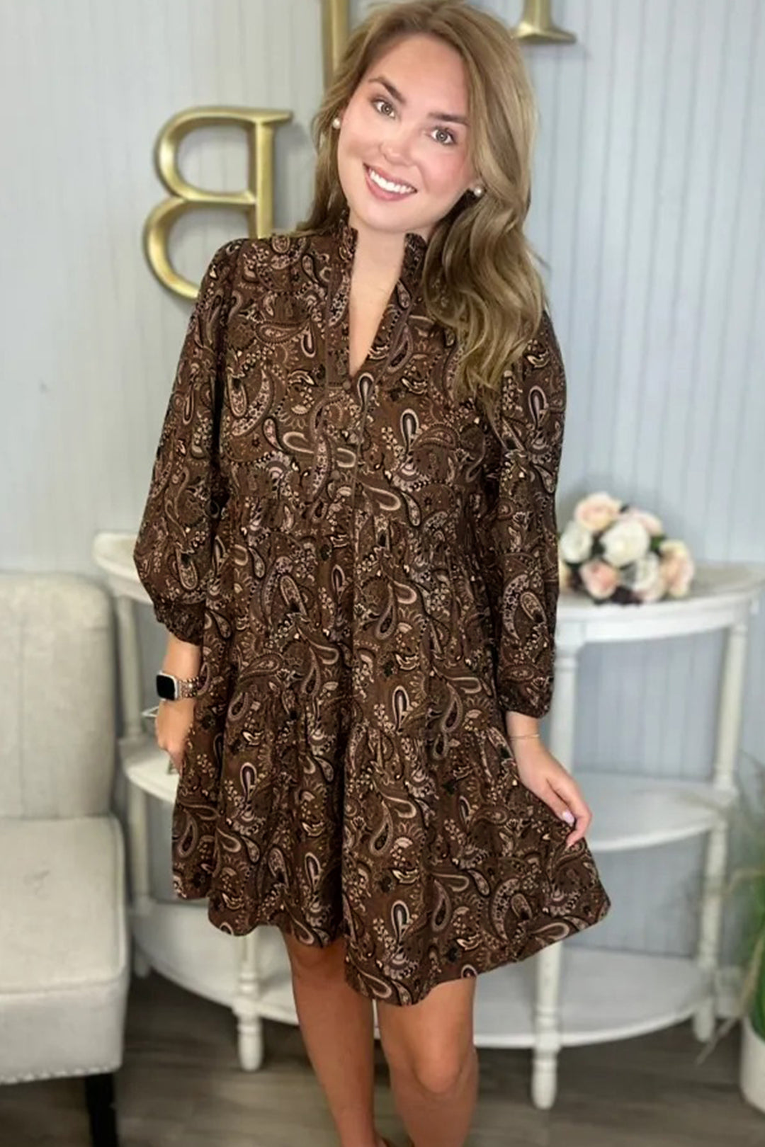 Brown Paisley Print Half Buttons Puff Sleeve Flowy Short Dress