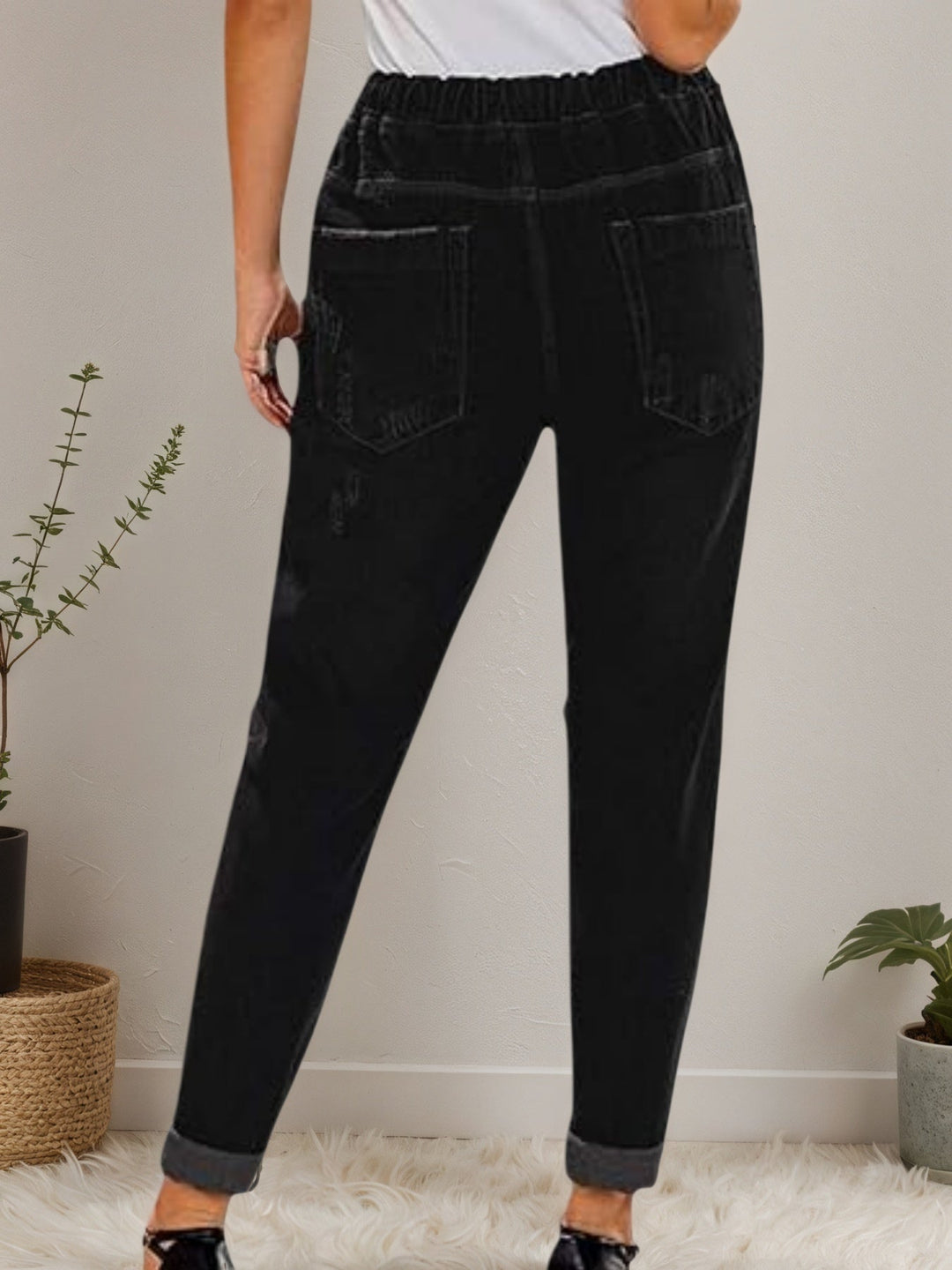 Women’s Distressed Stretch Jeans – Casual Elastic Waist Denim Joggers