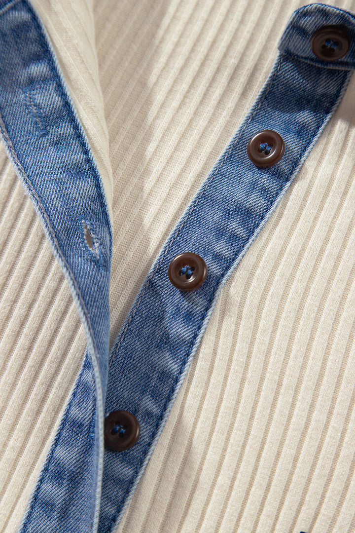 Light Grey Ribbed Denim Colorblock Detail Button Collar Long Sleeve Top
