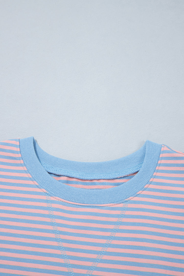 Sky Blue Stripe Colorblock Scalloped Trim Loose 3/4 Sleeve Top