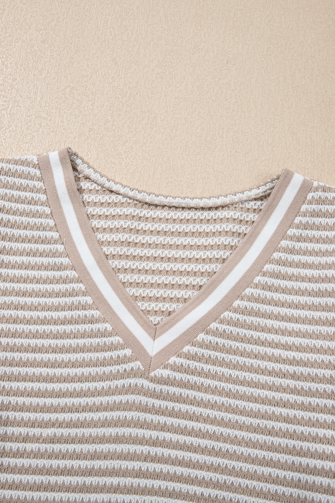 Beige Striped Textured Knit V Neck Casual Top