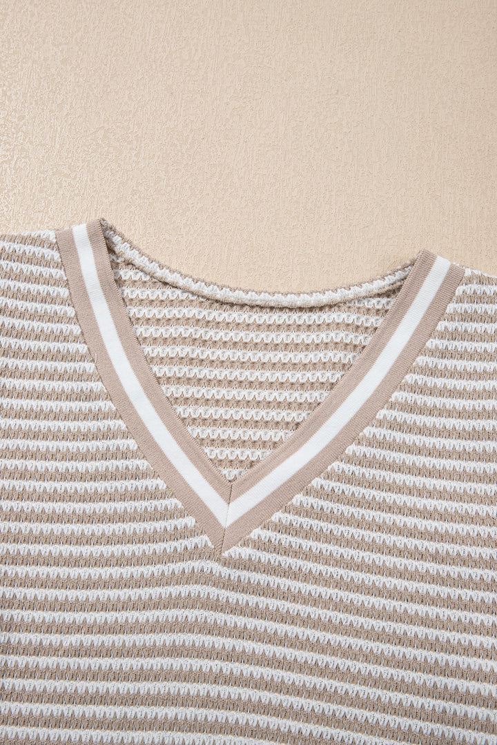 Beige Striped Textured Knit V Neck Casual Top