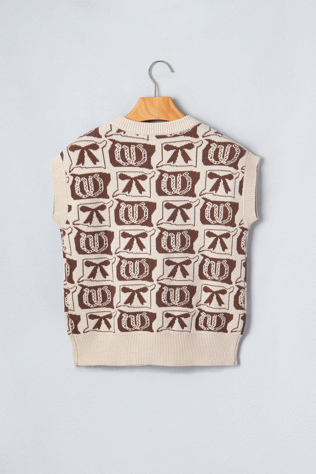 Brown Western Horseshoe Bow Pattern Button Front Sleeveless Knit Sweater