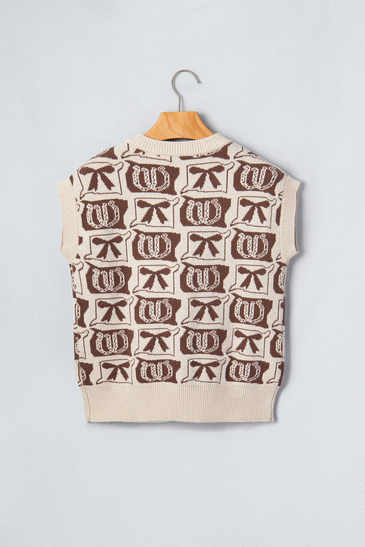 Brown Western Horseshoe Bow Pattern Button Front Sleeveless Knit Sweater