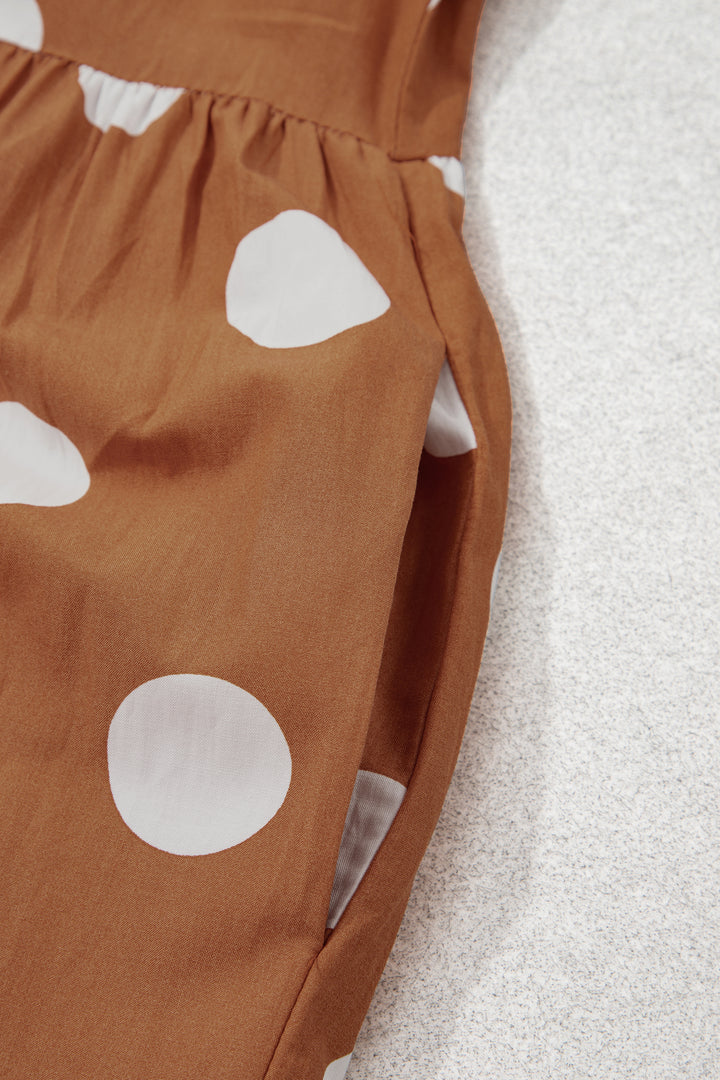 Brown Polka Dot Button Front Long Sleeve Shift Dress