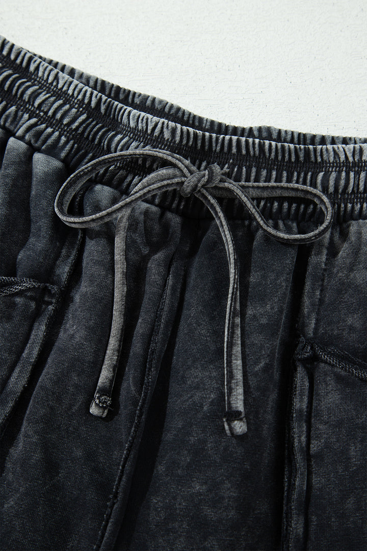 Black Mineral Wash Raw Seam Drawstring Elastic Waist Barrel Pants