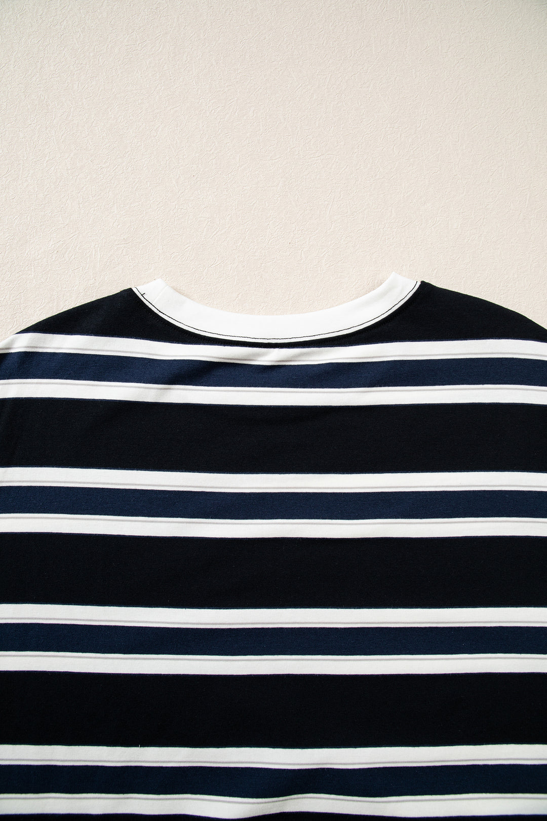 Blue Stripe Ribbed Color Block Trim Round Neck Dropped Shoulder Sweatshirt