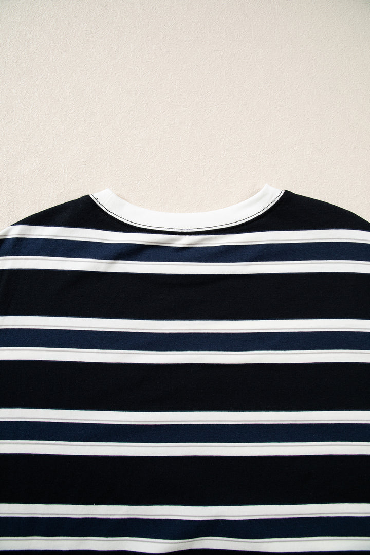 Blue Stripe Ribbed Color Block Trim Round Neck Dropped Shoulder Sweatshirt