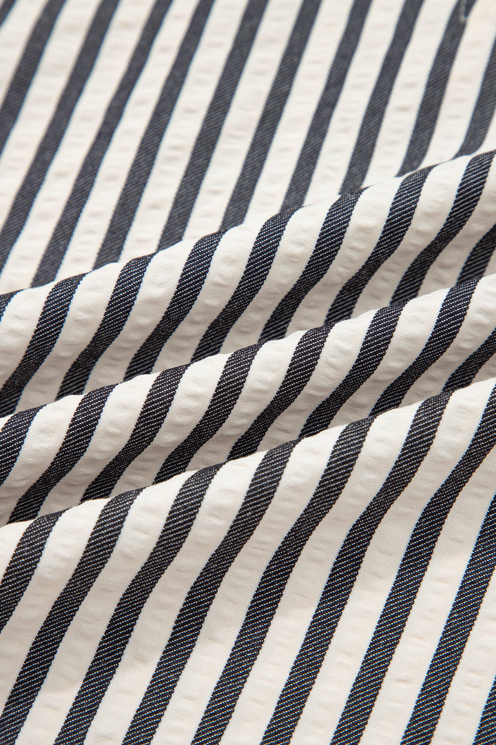 Black Stripe Polo Collar Half Zip Short Puff Sleeve Blouse