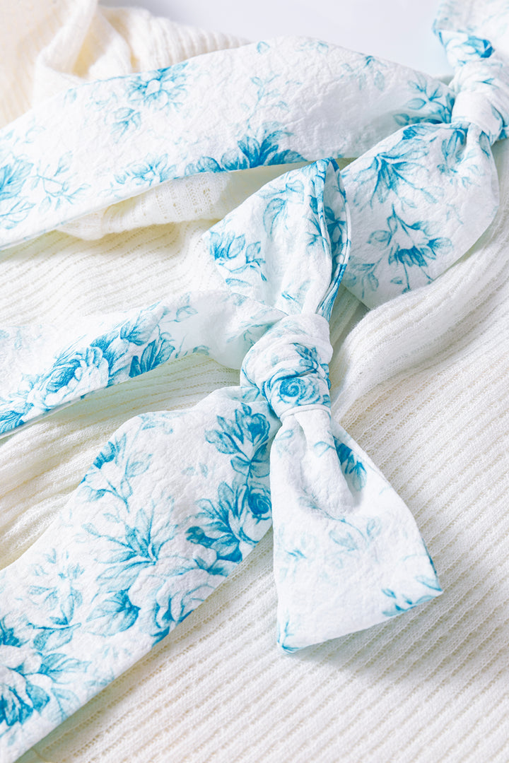 White Textured Knit V Neck Short Bubble Sleeve Peplum Top