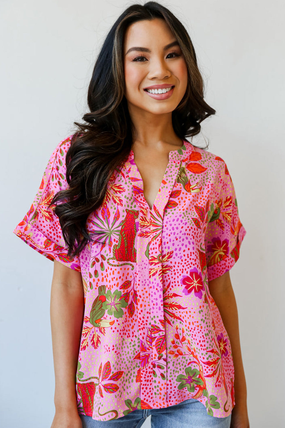 Rose Jungle Floral Print Notch V Neck Blouse