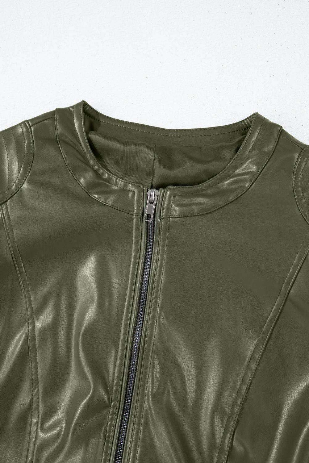 Neckline and zipper detail of sage green bomber jacket