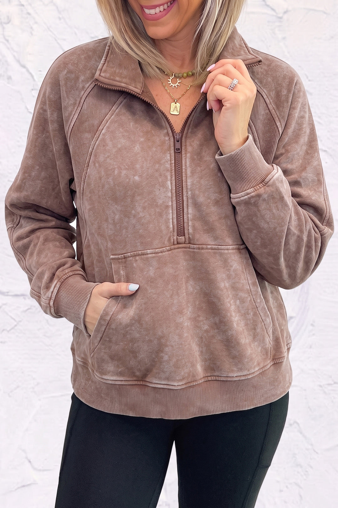 Chestnut Vintage Half-Zip Long Sleeve Ribbed Cuffs Hem Shift Silhouette Sweatshirt