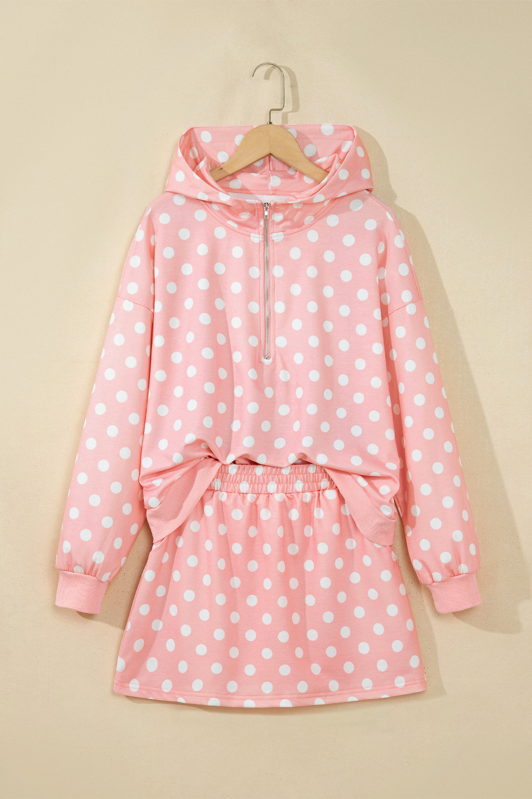 Khaki Polka Dot Hooded Long Sleeve Top Casual Mini Skort Set