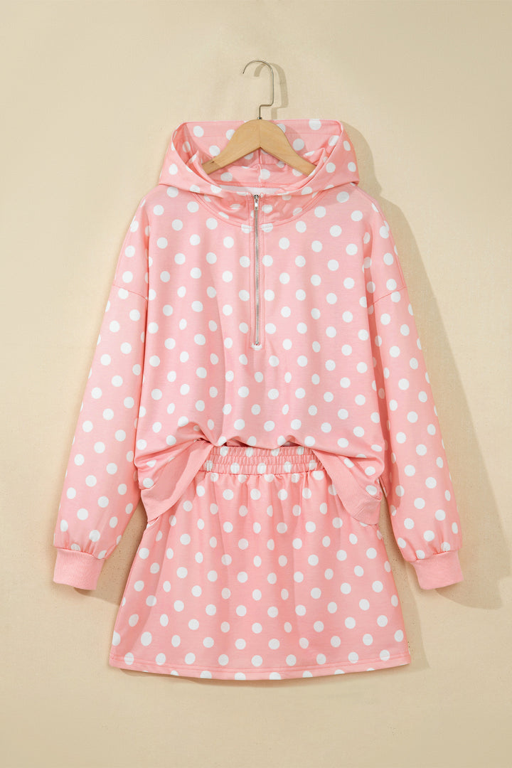 Khaki Polka Dot Hooded Long Sleeve Top Casual Mini Skort Set