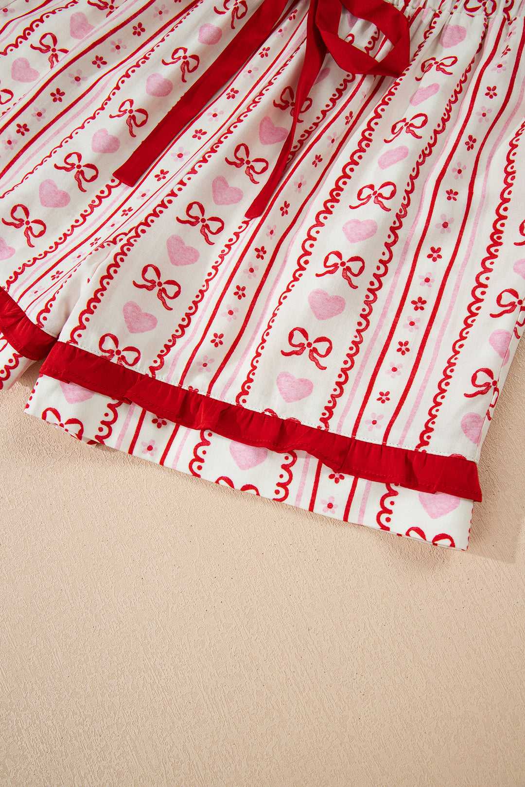 Red Sweet Floral Heart Bow Print Contrast Trim Long Sleeve Shirt Pajama Short Set