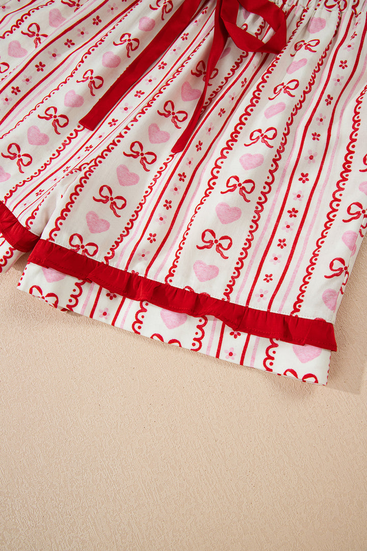 Red Sweet Floral Heart Bow Print Contrast Trim Long Sleeve Shirt Pajama Short Set