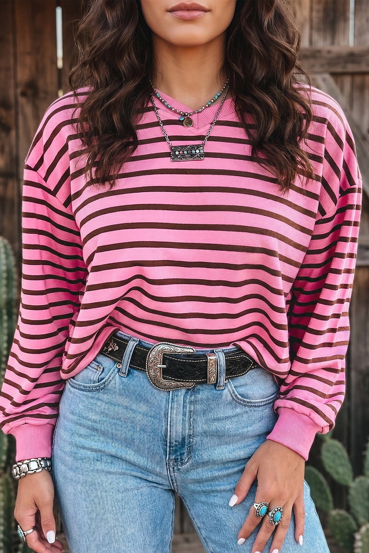 Pink Stripe V Neck Long Sleeve Drop Shoulder Blouse